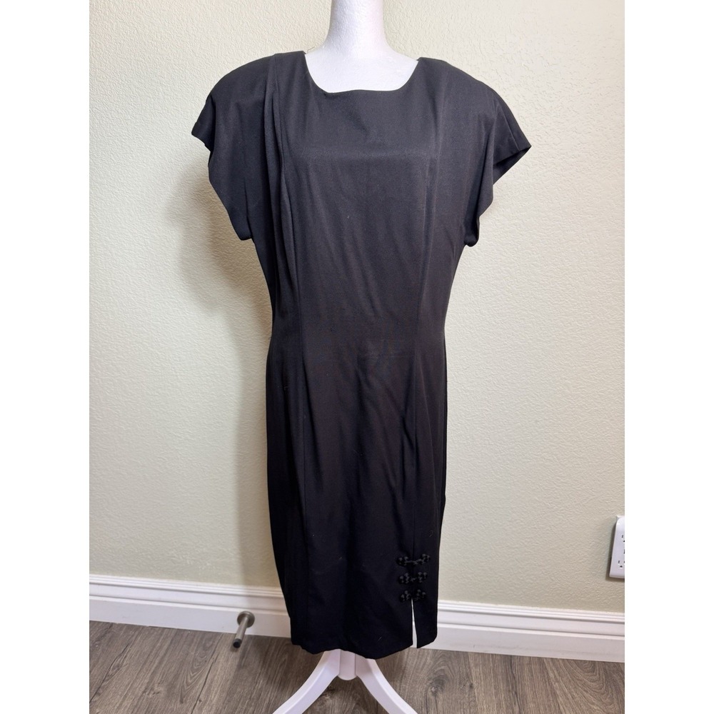 J B‎ Wright Dress Black Size 14 Back Zip Front Slit Shoulder Pads Short Sleeve